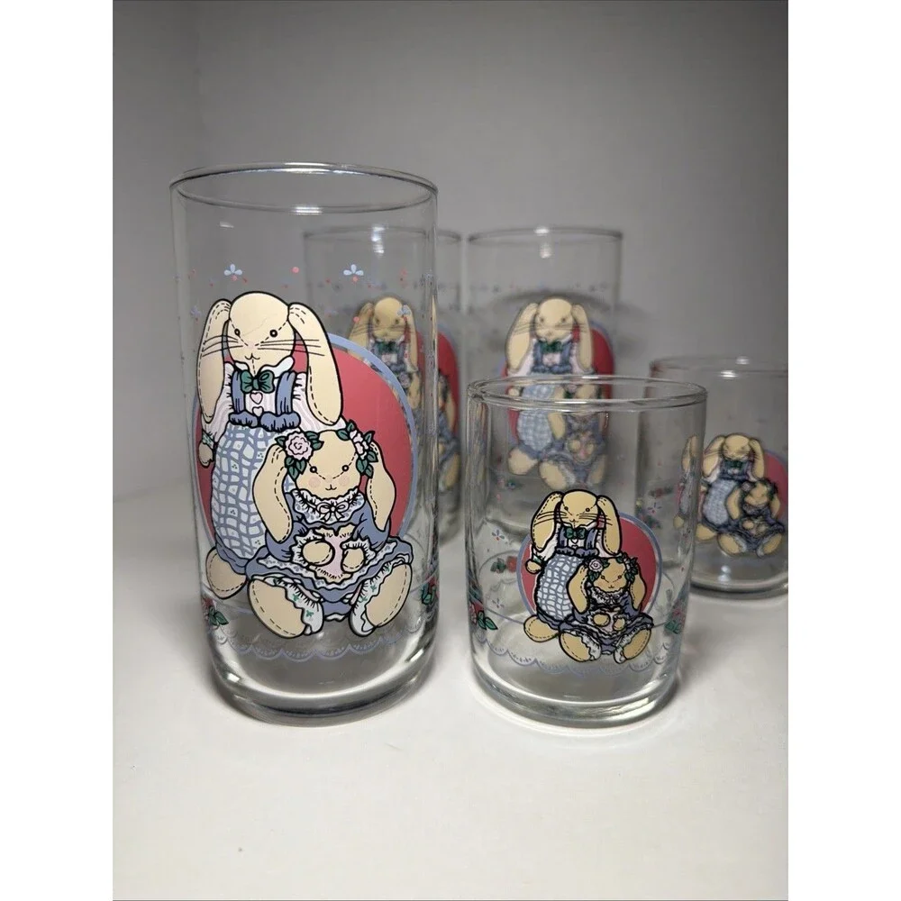 VTG‎ B&D Country Bunny Glass Tumblers Set of 7 - 1990s Cottagecore Rabbit Glass